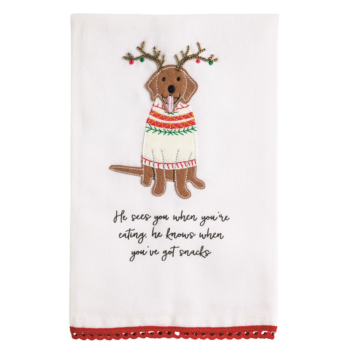 He Sees Embroidered Dog Tea Towel