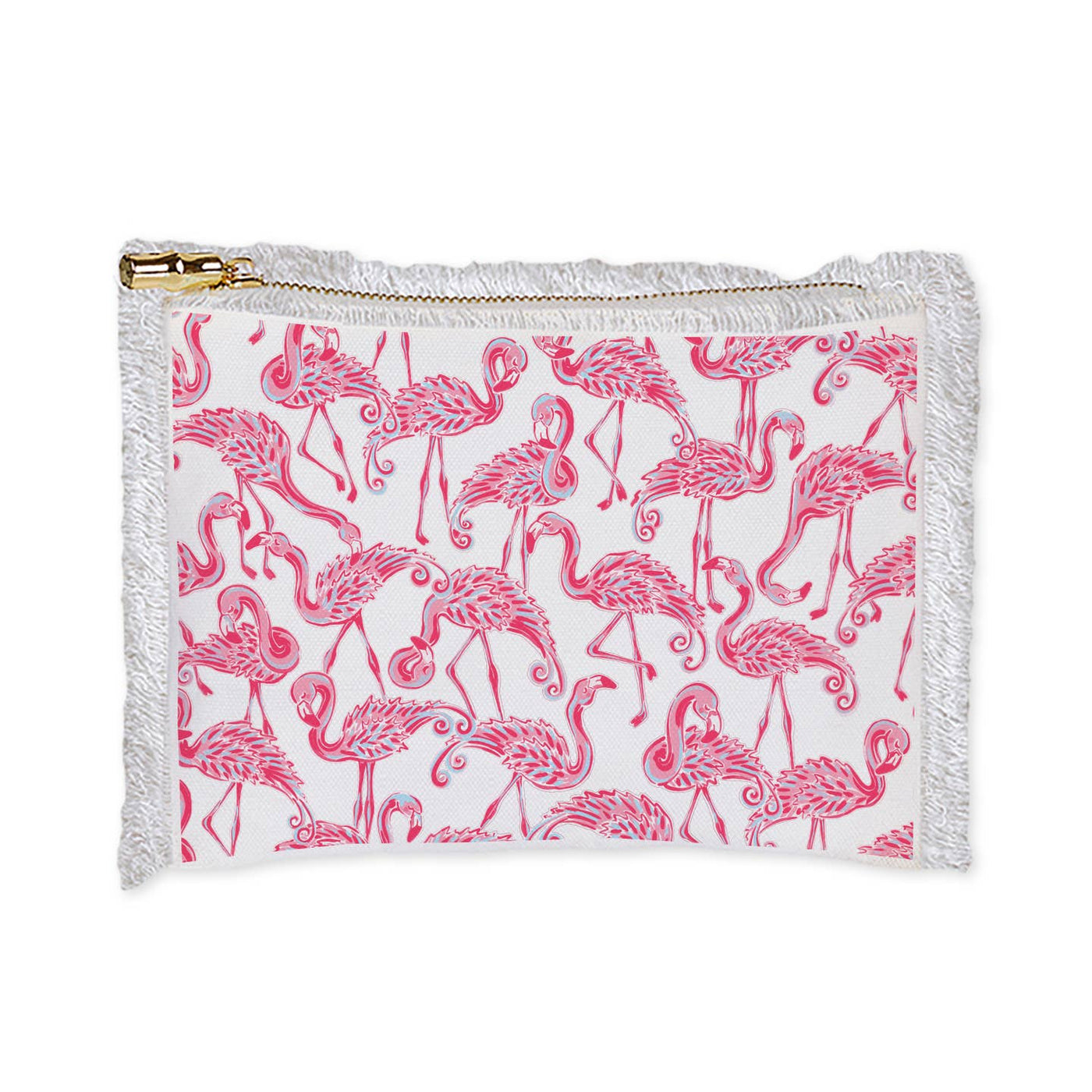 Pink Flamingo Linen Fringe Cosmetic Bag