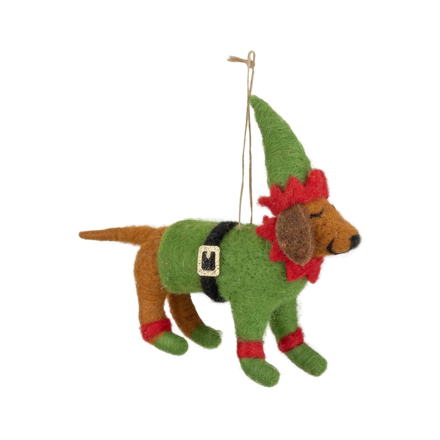 Dog In Elf Outfit Felt Ornament