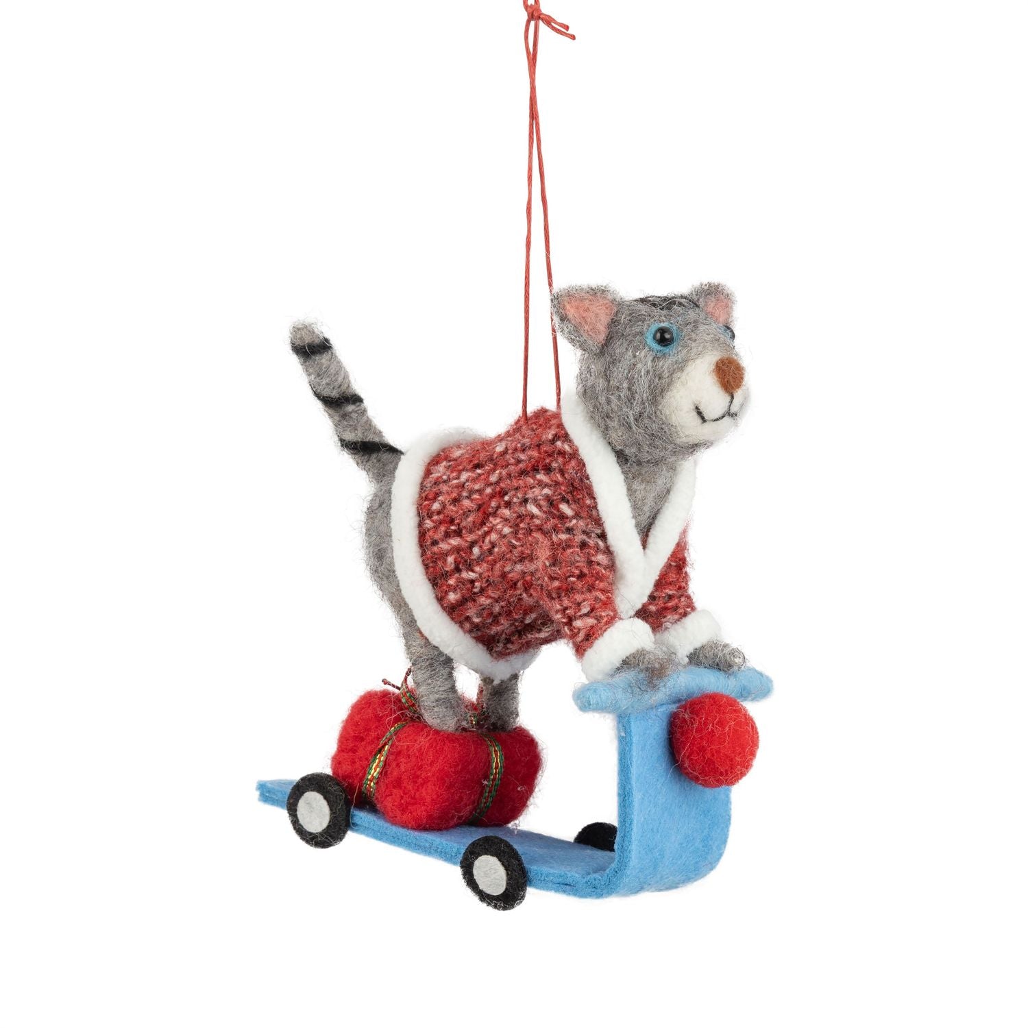 Gray Cat Riding Scooter Felt Ornament