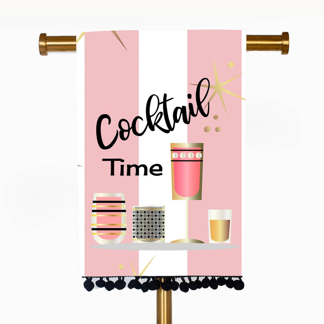 Pink Cocktail Time Retro Tea Towel With Trim - Just Fabulous Palm Springs
