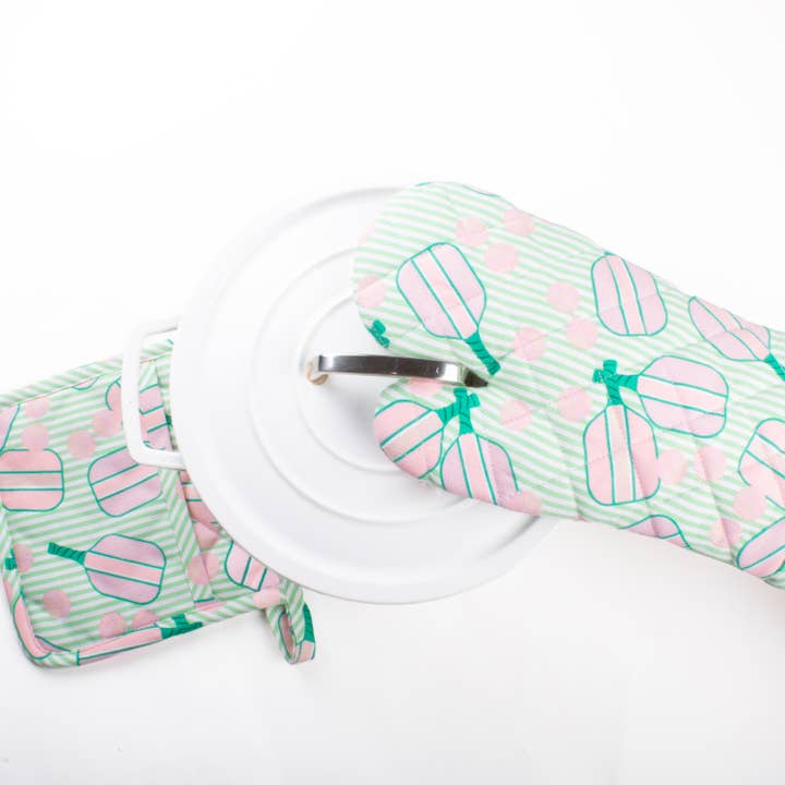 Pickleball Striped Oven Mitt & Potholder Set