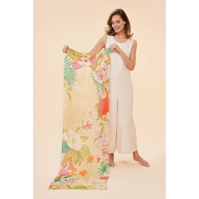 Tropical Floral & Fauna Linen Scarf - Coconut