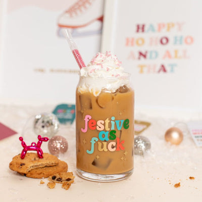 Festive As Fuck Can Glass With Lid And Straw