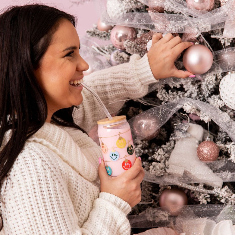 Smiley Ornaments Can Glass With Lid And Straw