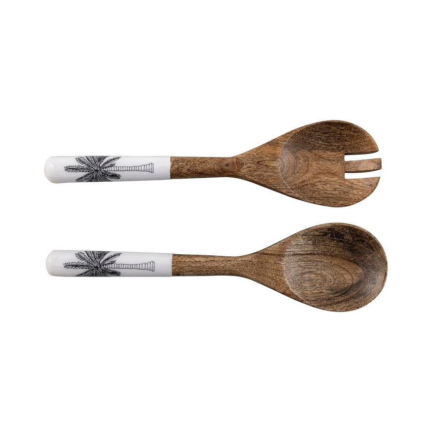Mango Wood Salad Server Set With Print