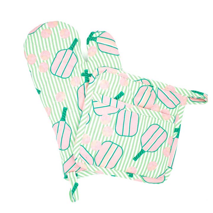 Pickleball Striped Oven Mitt & Potholder Set