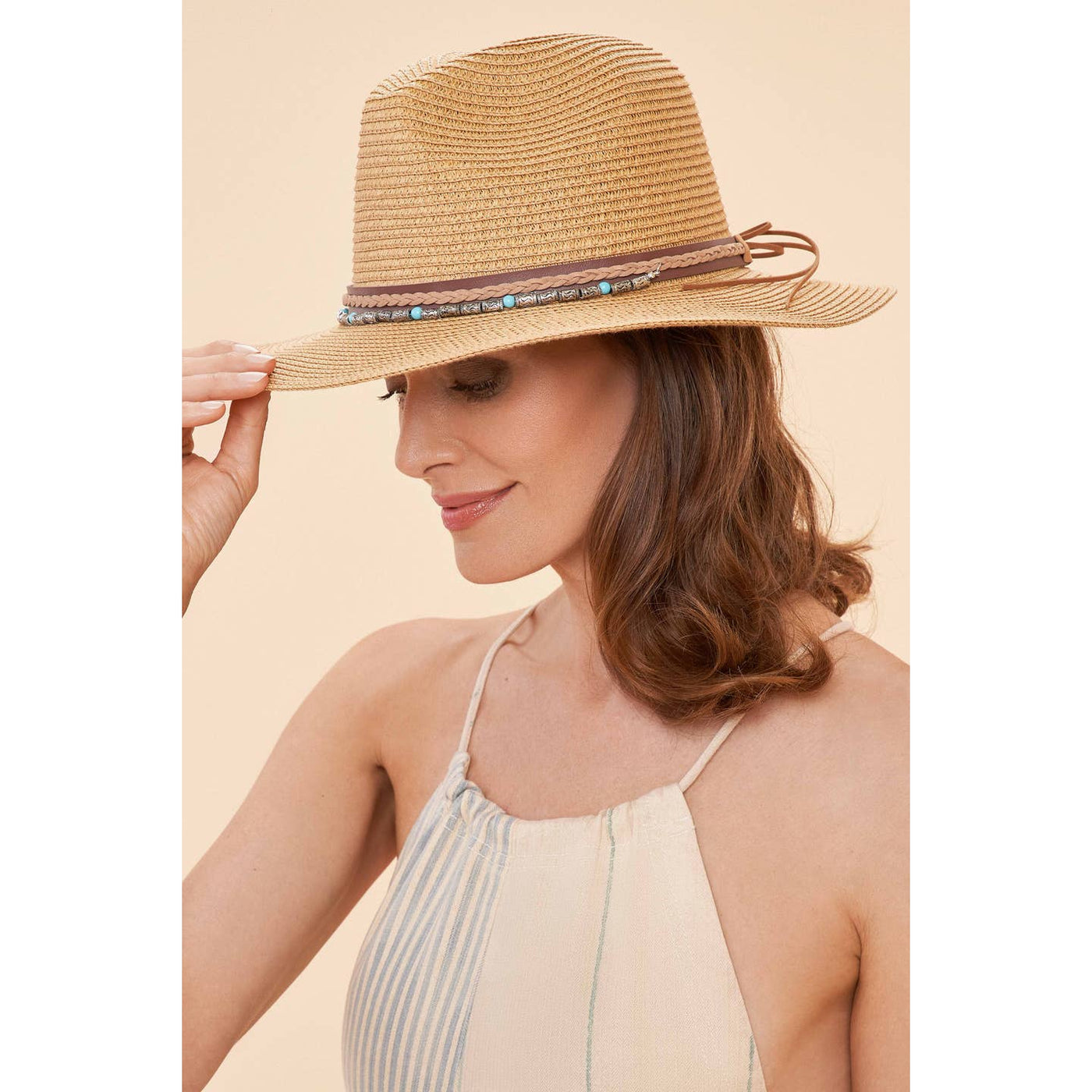 Thalia Hat - Carmel With Embossed Beads