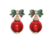 Plaid Bow With Red Ball Earrings