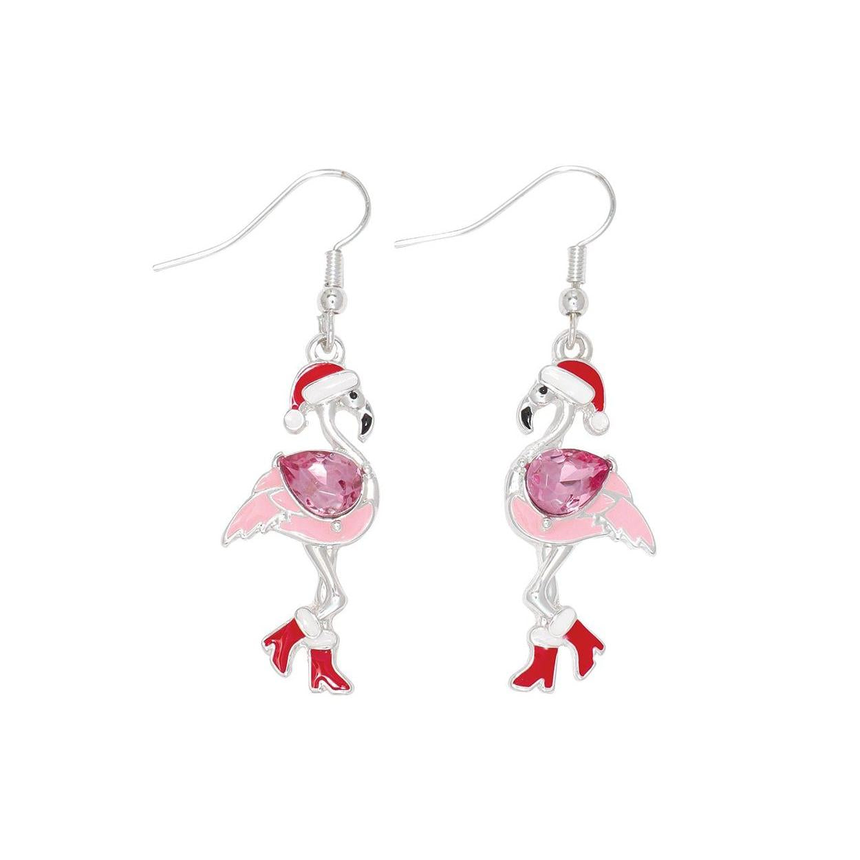 Holiday Flamingo With Crystal Earrings