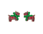 Plaid Dog With Green Bow Earrings