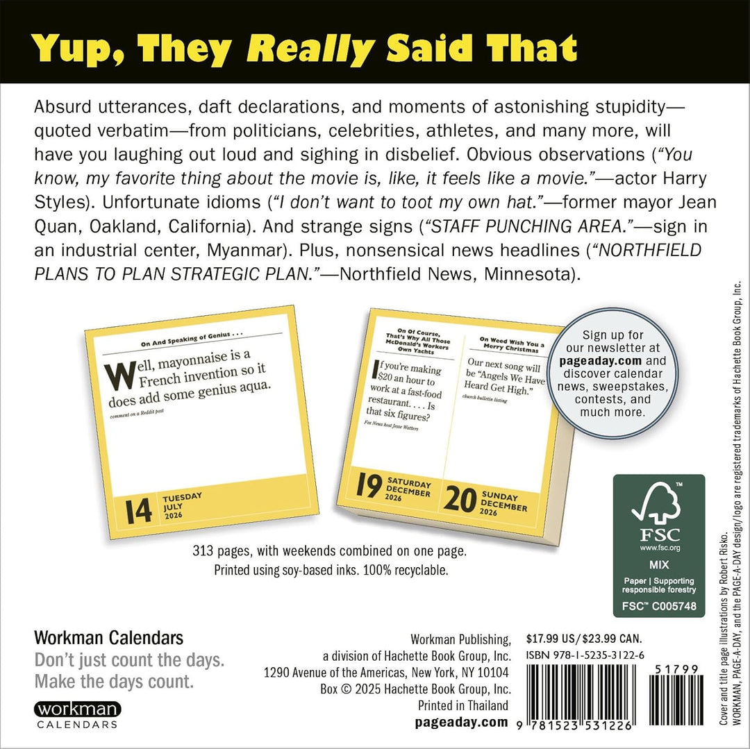 Page-A-Day Calendar 2026: 365 Stupidest Things Ever Said