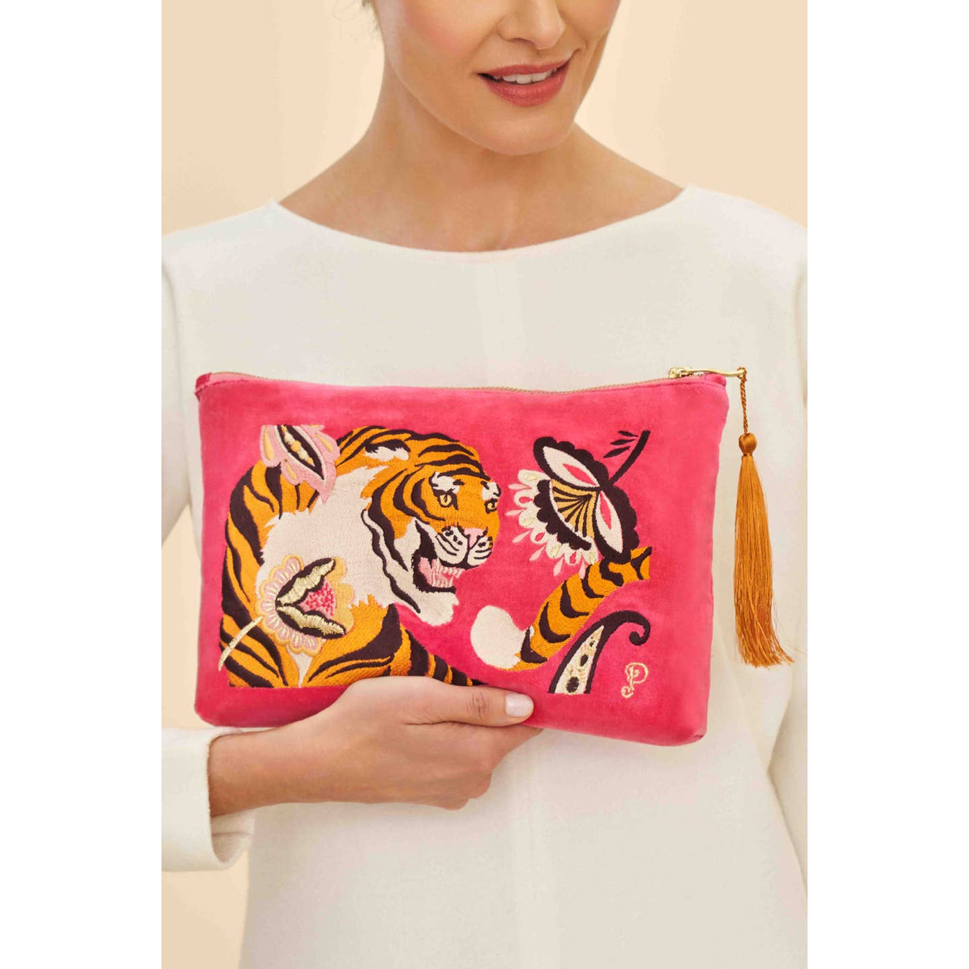 Thrill Of The Tiger Velvet Embroidered Zip Pouch