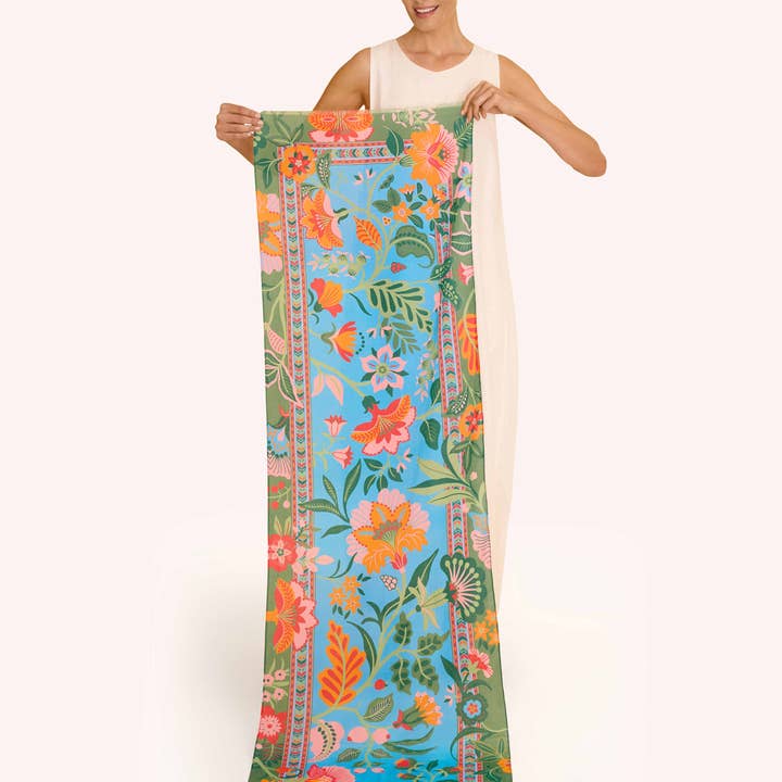 Folky Floral Cotton Scarf - Cornflower