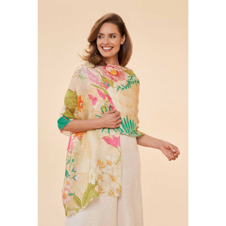 Tropical Floral & Fauna Linen Scarf - Coconut