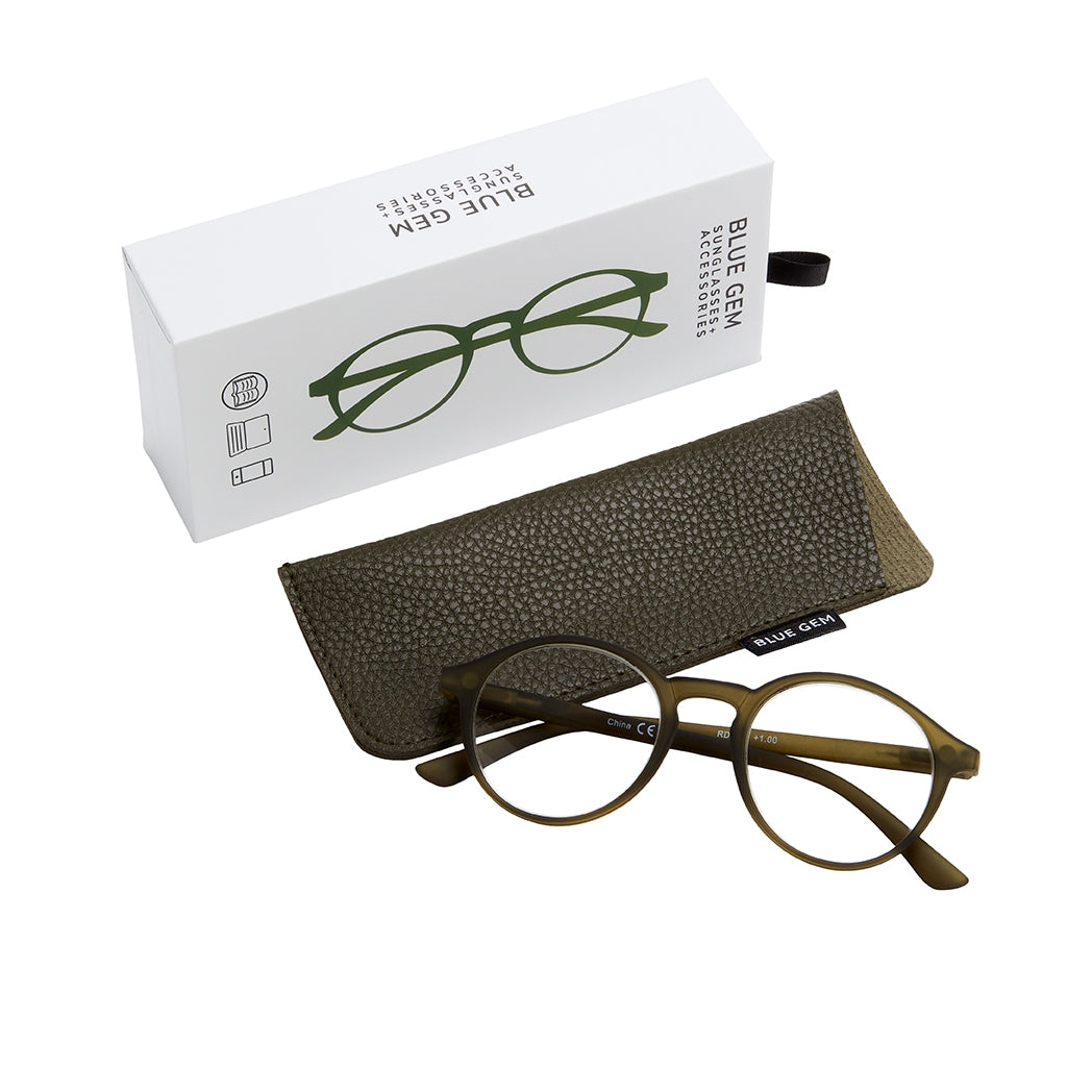 Soft Round Reading Glasses With Case - Olive Green