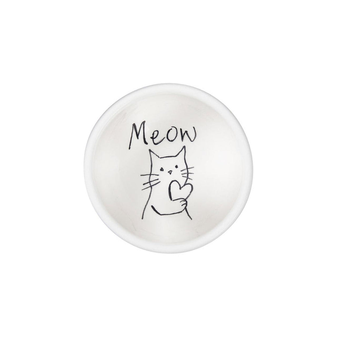 Round white dipping dish with a black cat illustration and 'Meow' text on a white background
