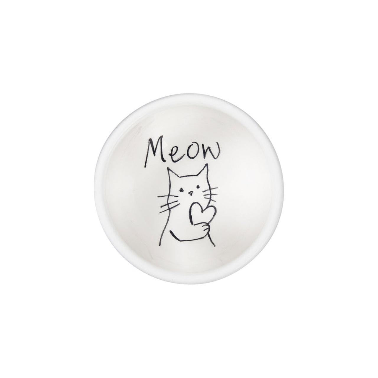 Round white dipping dish with a black cat illustration and 'Meow' text on a white background