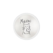 Round white dipping dish with a black cat illustration and 'Meow' text on a white background