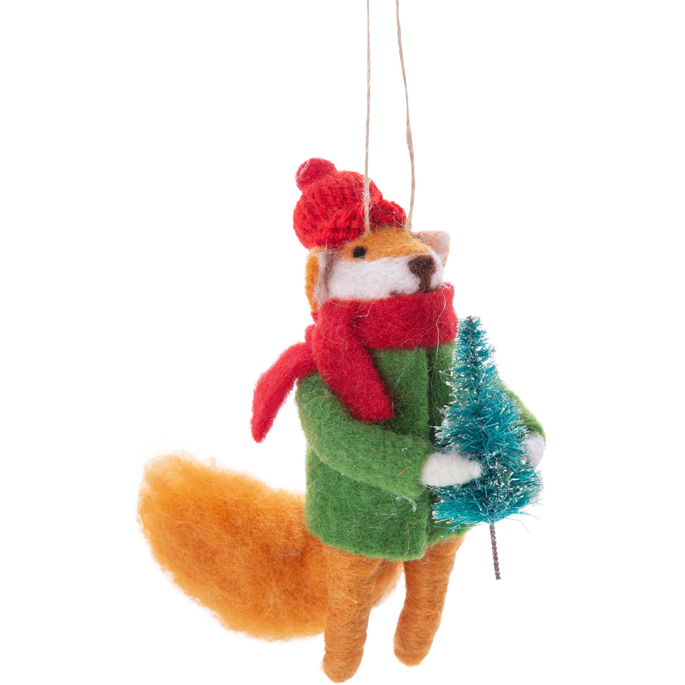 Fox In Winter Clothes Holding A Tree Felt Ornament