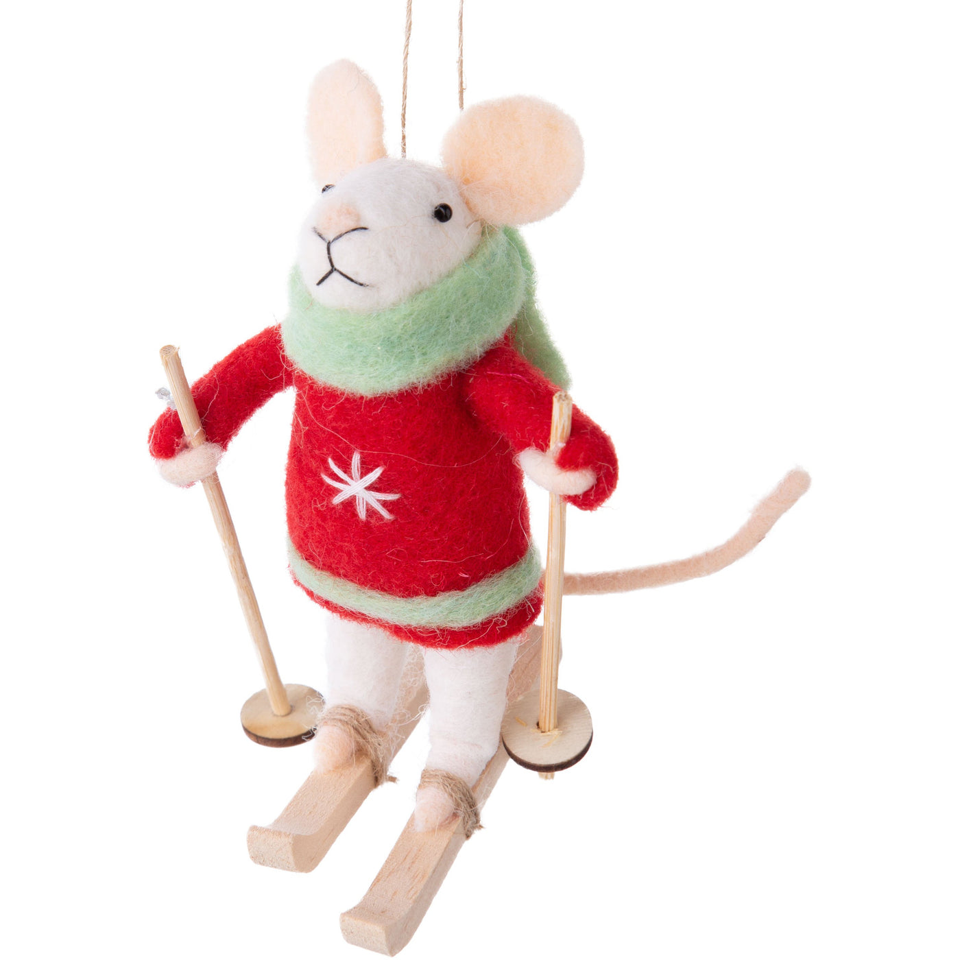 Mouse Skier With Ski Poles Felt Ornament