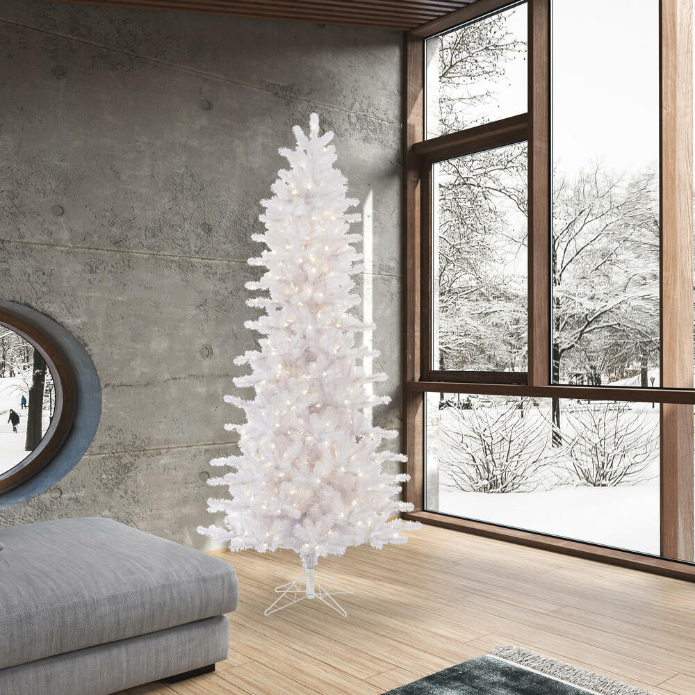 Crystal White Slim Pine Tree - 8.5' x 46" Pre-Lit with 650 Warm White Single Mold LED Lights