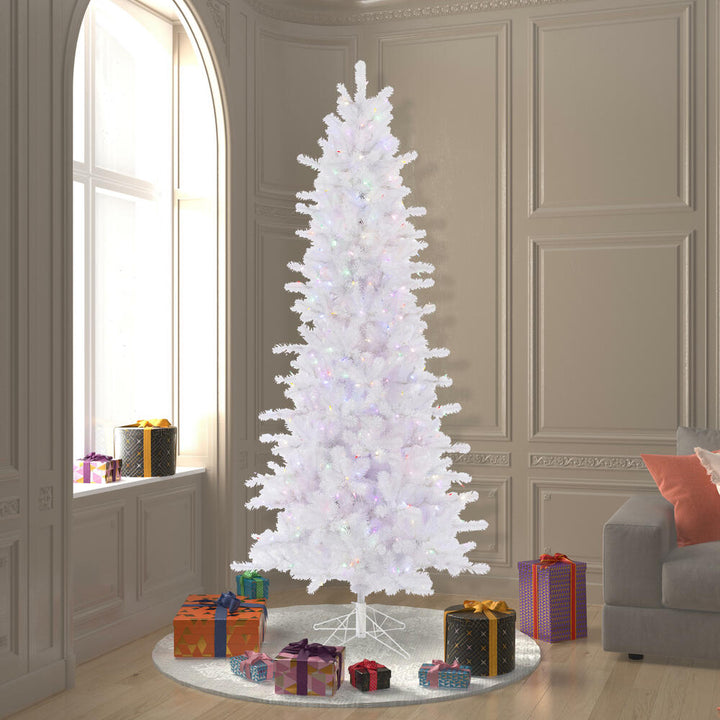 Crystal White Slim Pine Tree - 7.5' x 42" Pre-lit with 500 Multi-Colored Italian Style LED Lights