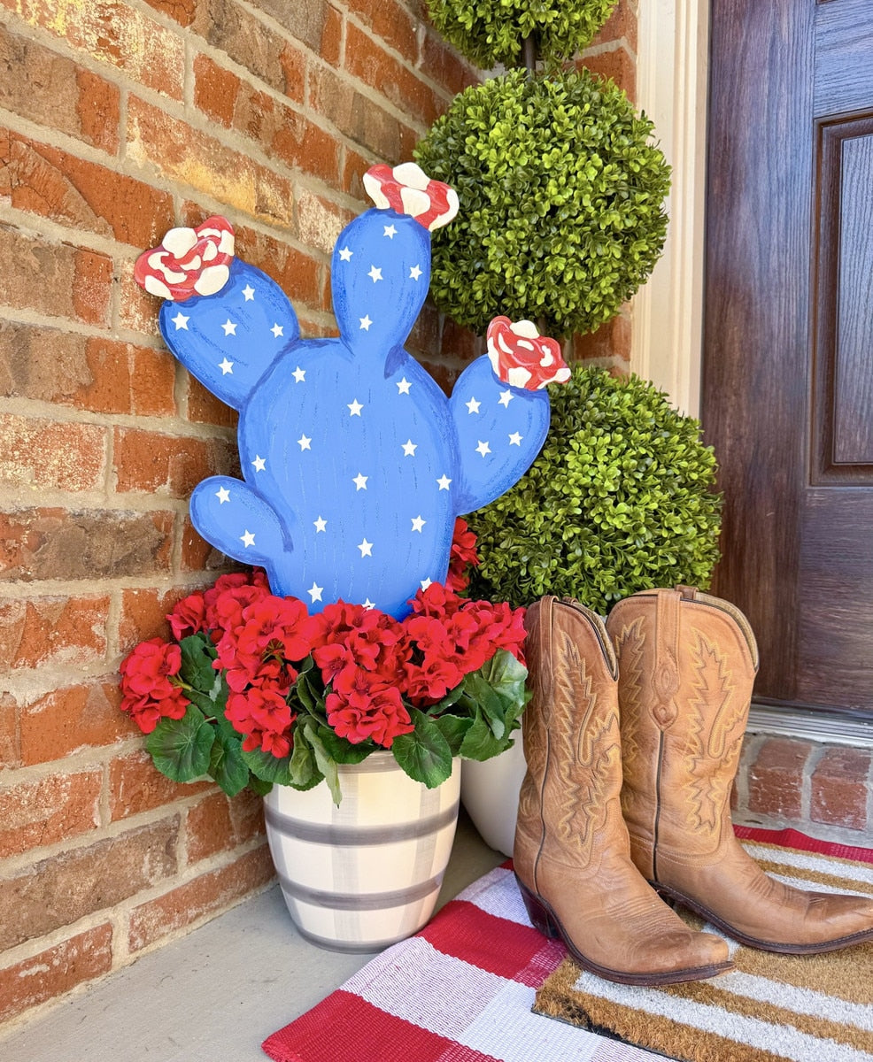 Patriotic Blue Cactus Metal Easel - Large