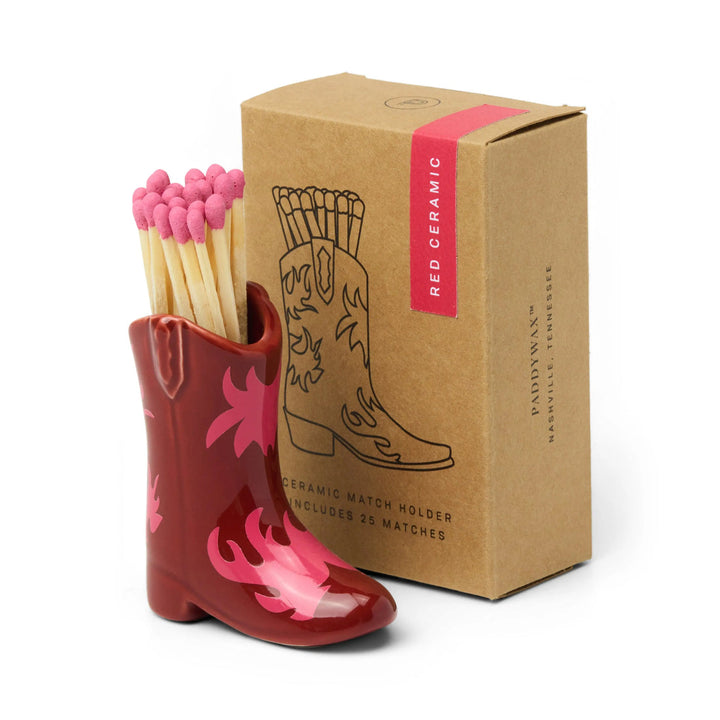 Cowboy Boot Match Holder With Matches - Red & Pink Flame