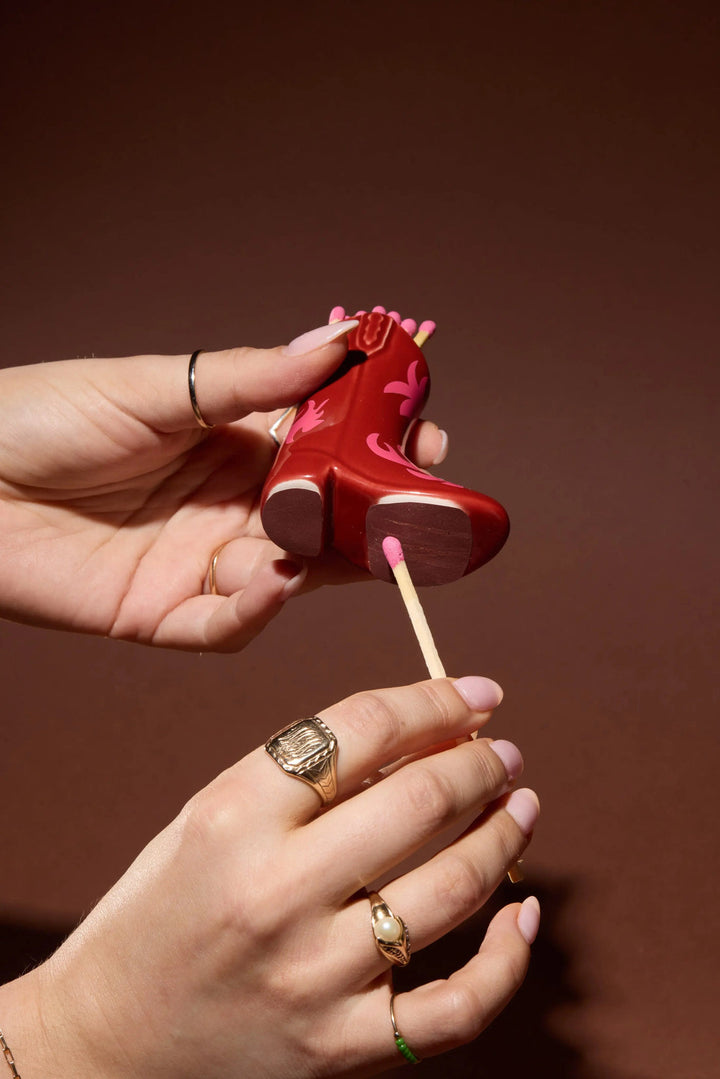 Cowboy Boot Match Holder With Matches - Red & Pink Flame