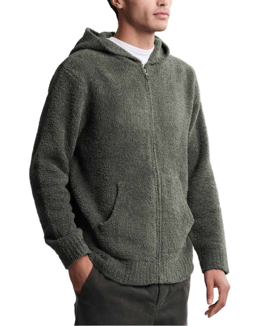 Man wearing a green fleece hoodie on a light gray background