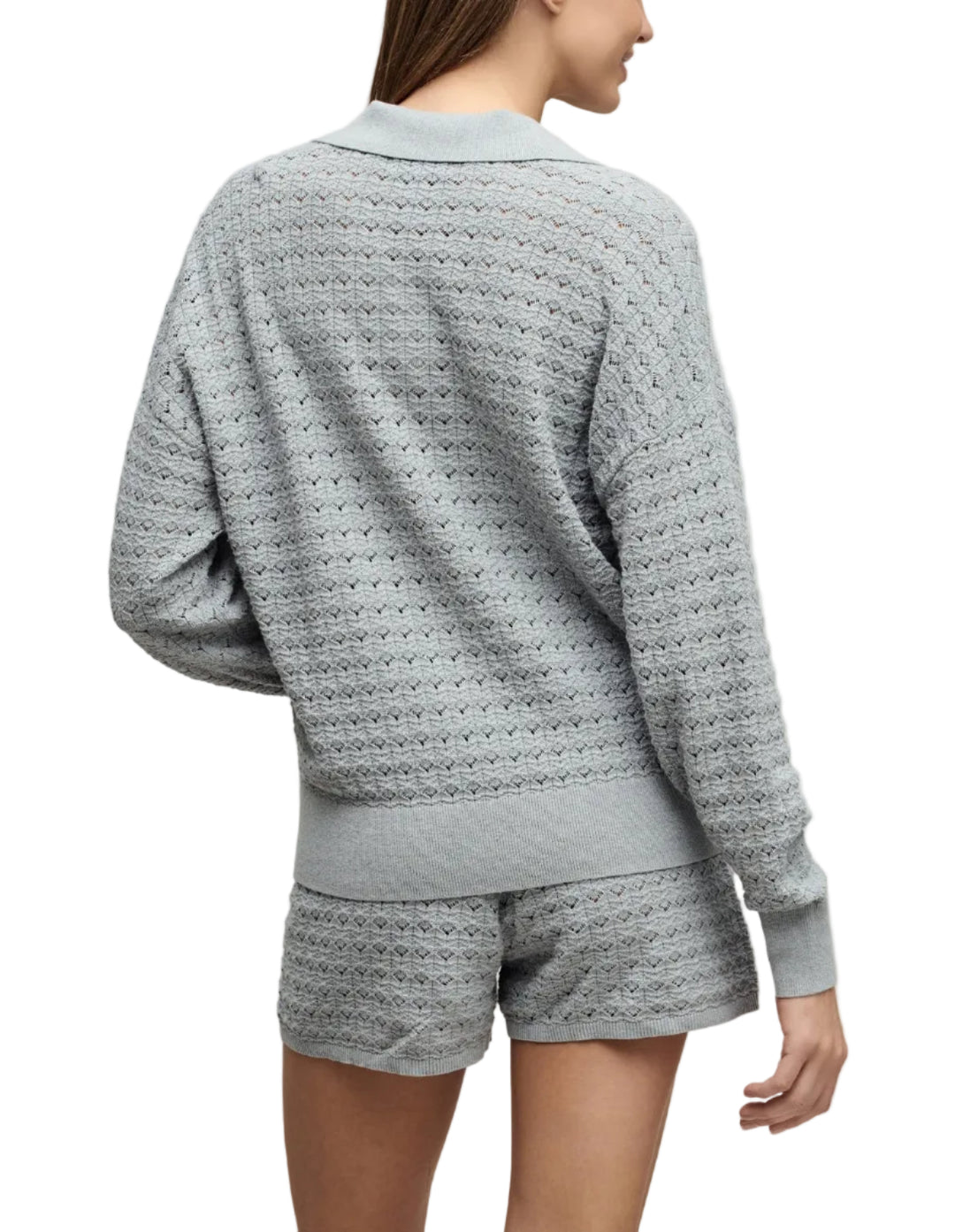 Heathered Cotton Tulip Pointelle Collard Pullover - Frost
