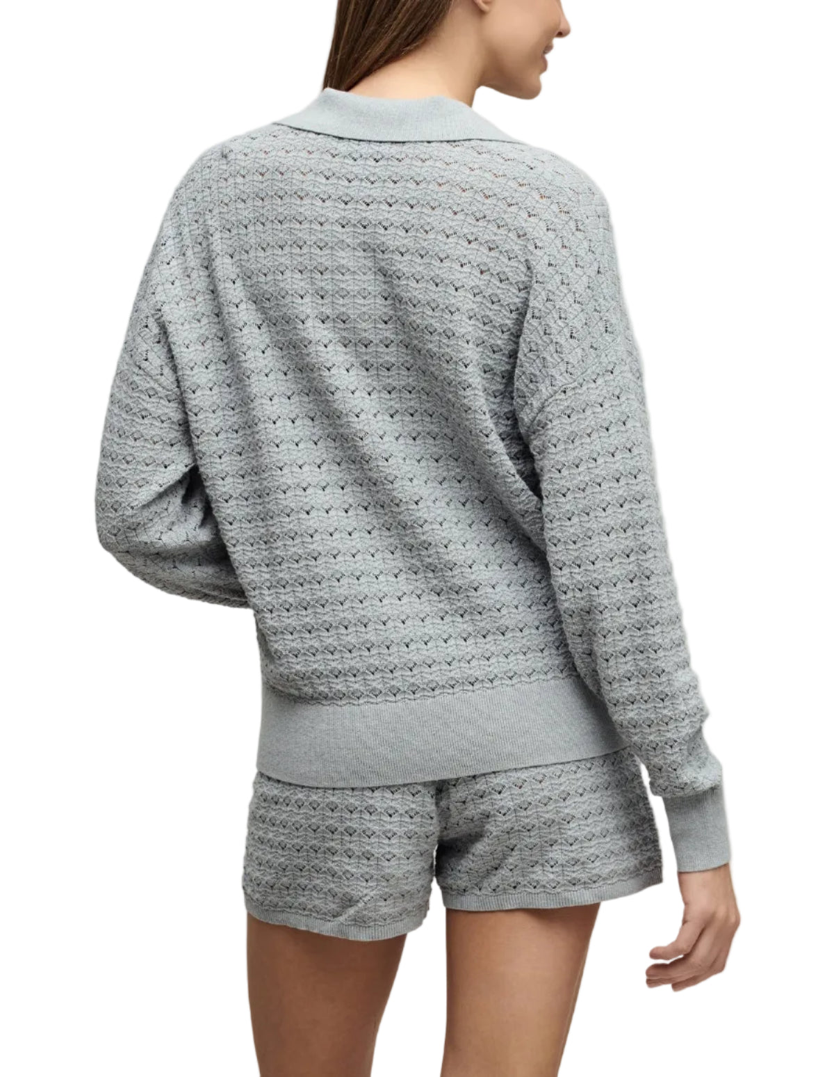 Heathered Cotton Tulip Pointelle Collard Pullover - Frost