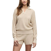 Heathered Cotton Tulip Pointelle Collard Pullover - Stone
