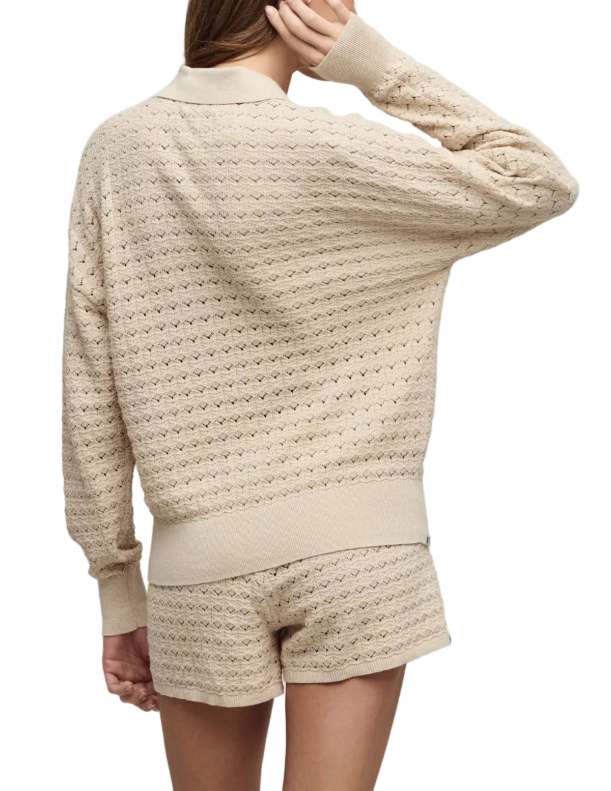 Heathered Cotton Tulip Pointelle Collard Pullover - Stone