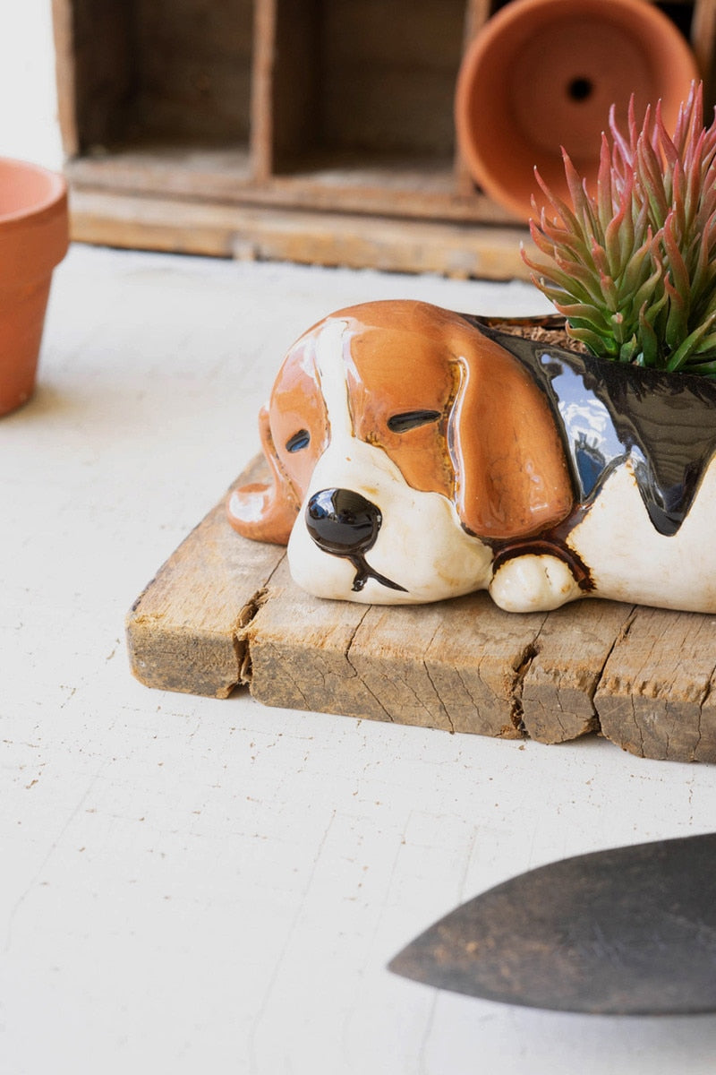 Sleeping Beagle Ceramic Planter