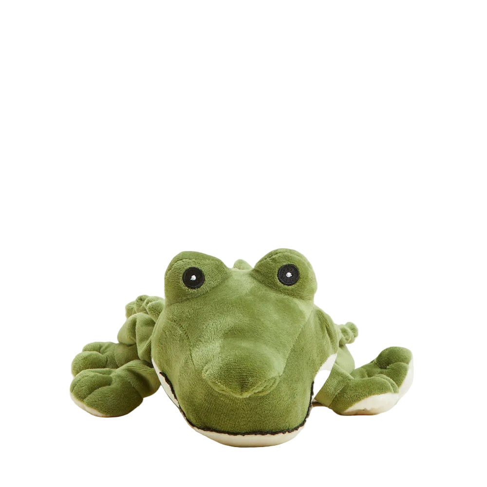 Green plush toy alligator on a white background