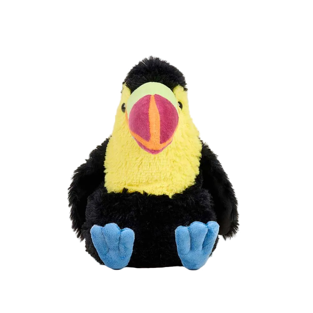 Plush toy toucan with a colorful face on a white background
