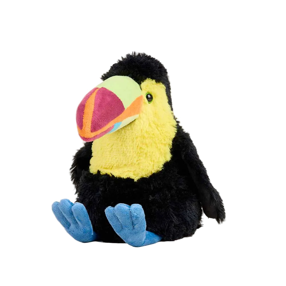 Plush toy toucan with colorful beak on a white background
