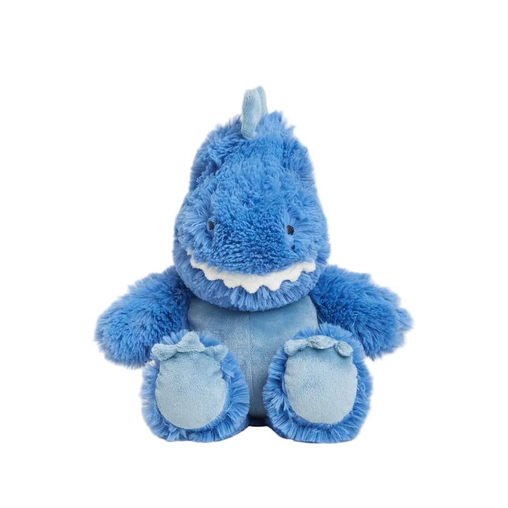 A plush blue dinosaur toy with a soft texture, designed for comfort and warmth, featuring a safety eye and a small horn on the head.
