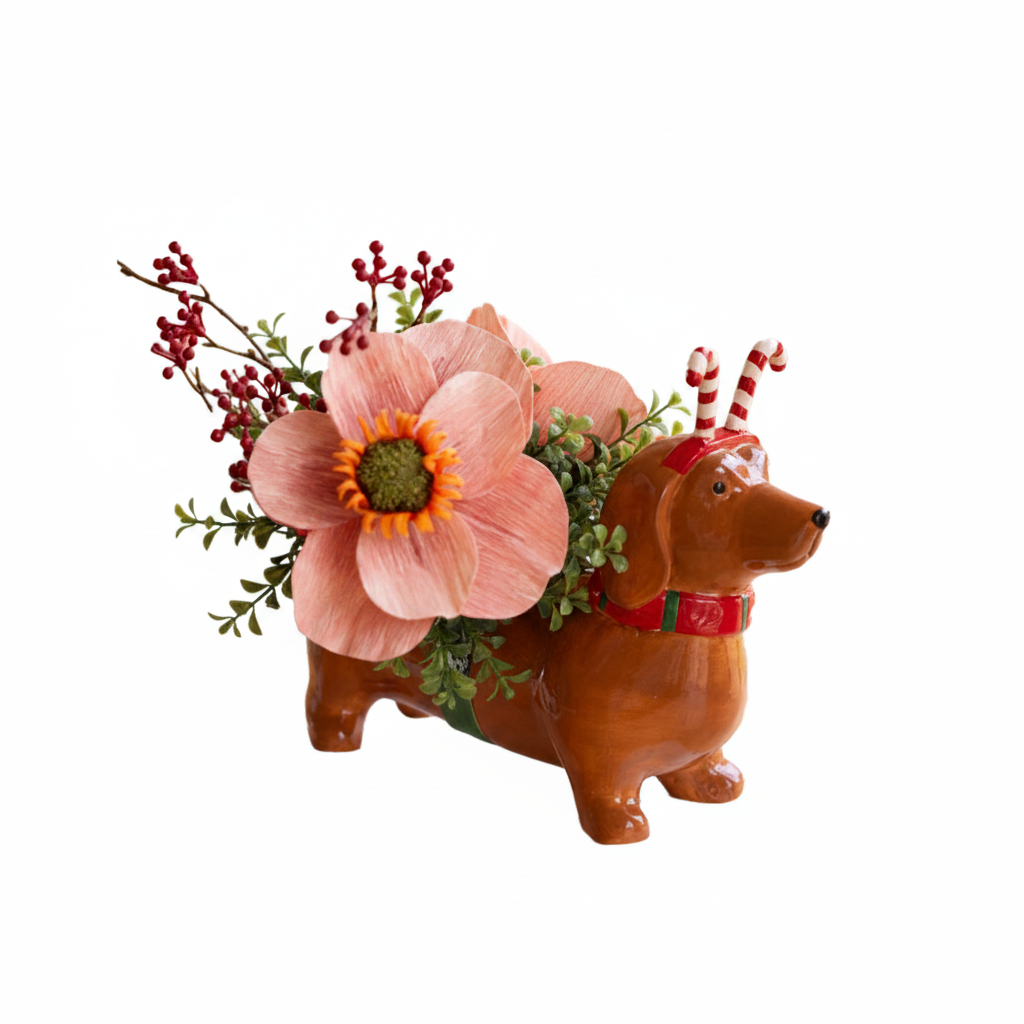 Ceramic Christmas Dachshund Planter - Candy Cane