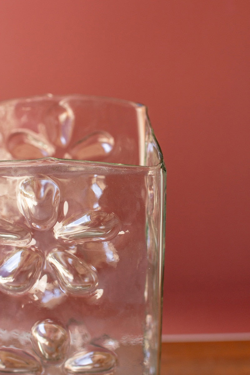 Square Glass Vase With Embossed Flowers