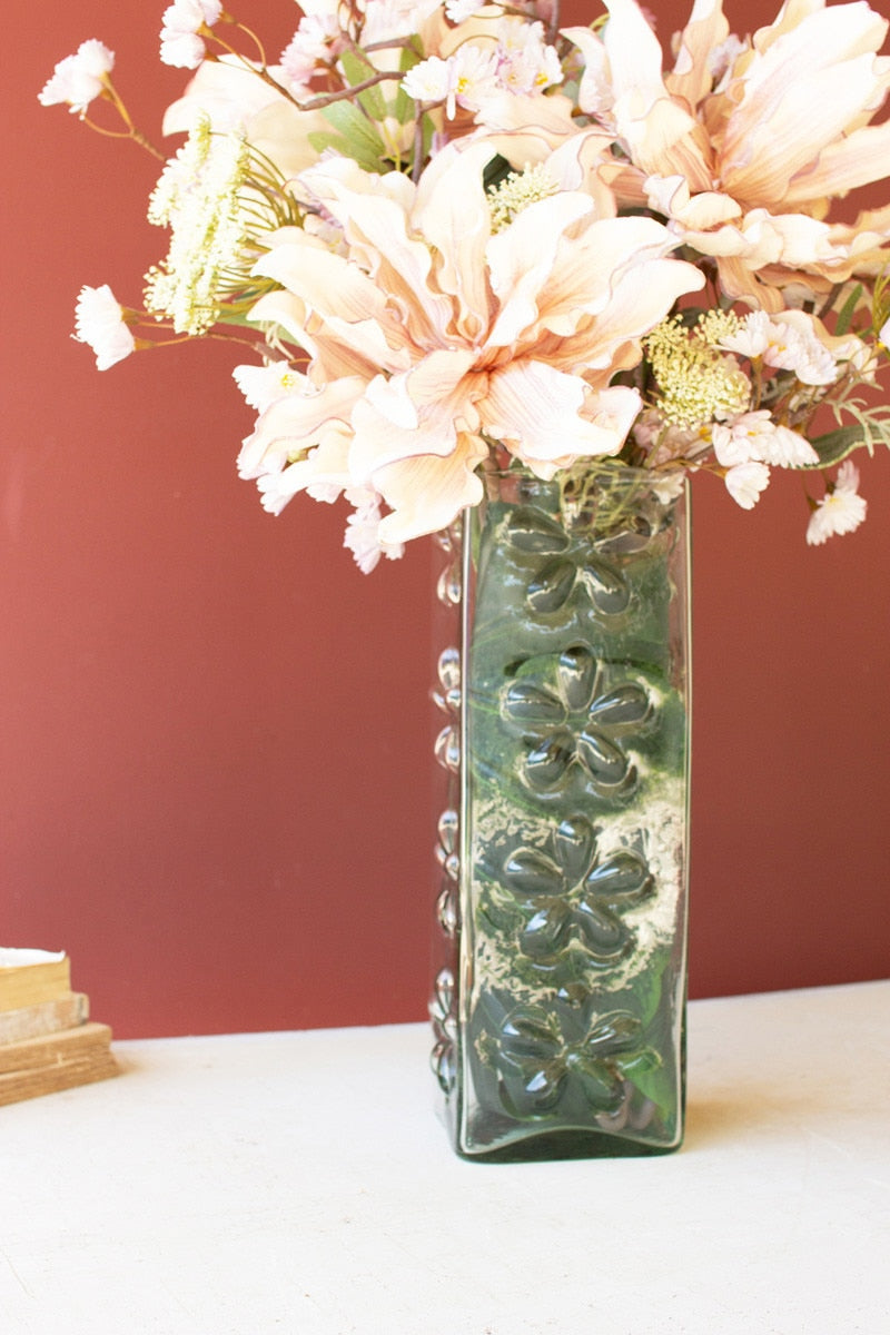 Square Glass Vase With Embossed Flowers