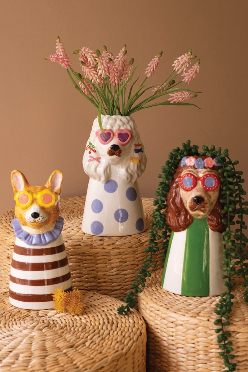 Dog With Sunnies Ceramic Vase - Pink Shades