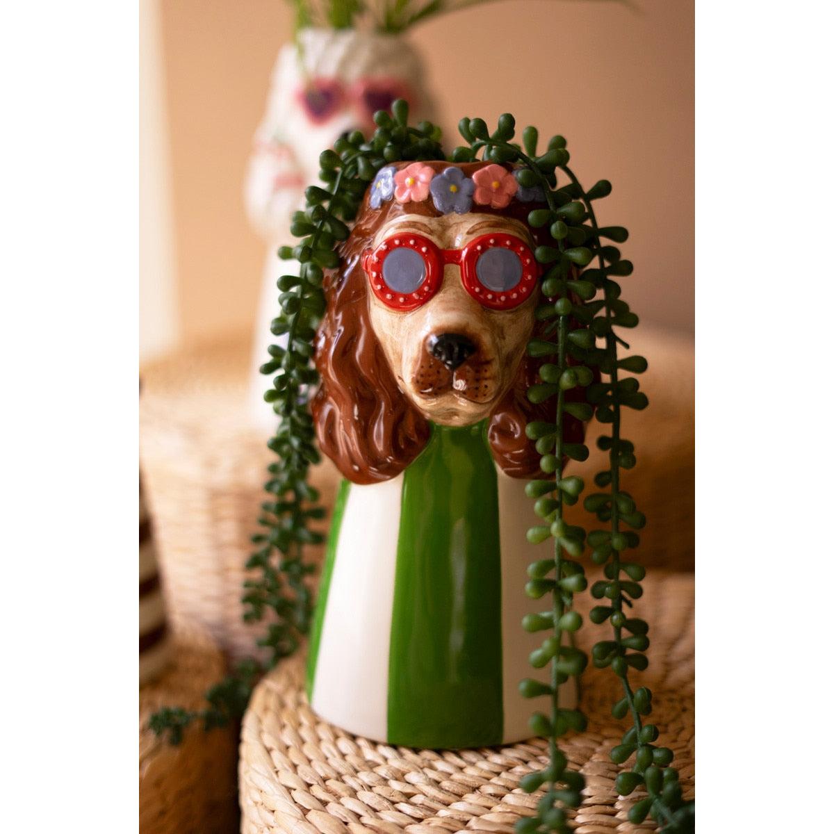 Dog With Sunnies Ceramic Vase - Red Shades