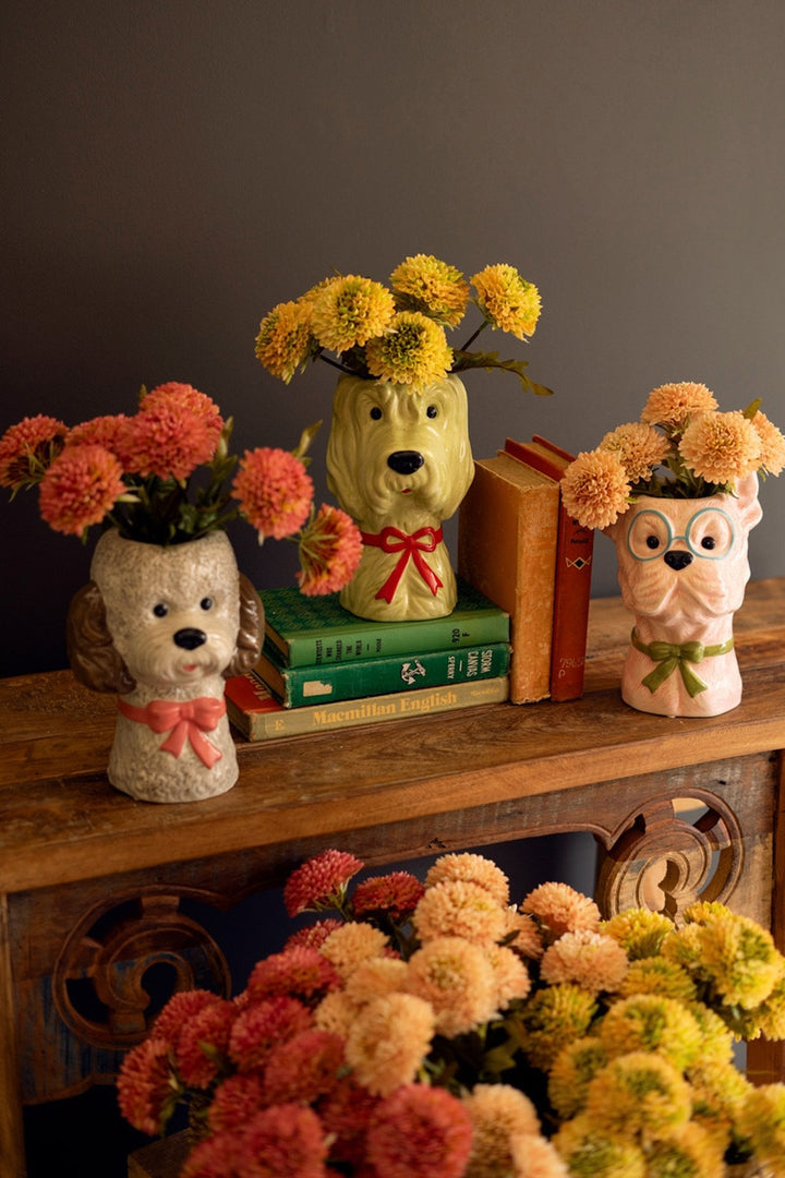 Dog With Bow Ceramic Vase - Pink Bow
