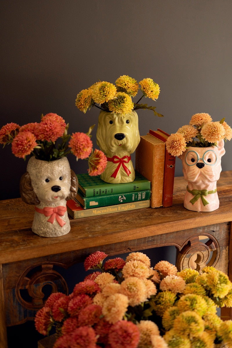 Dog With Bow Ceramic Vase - Pink Bow