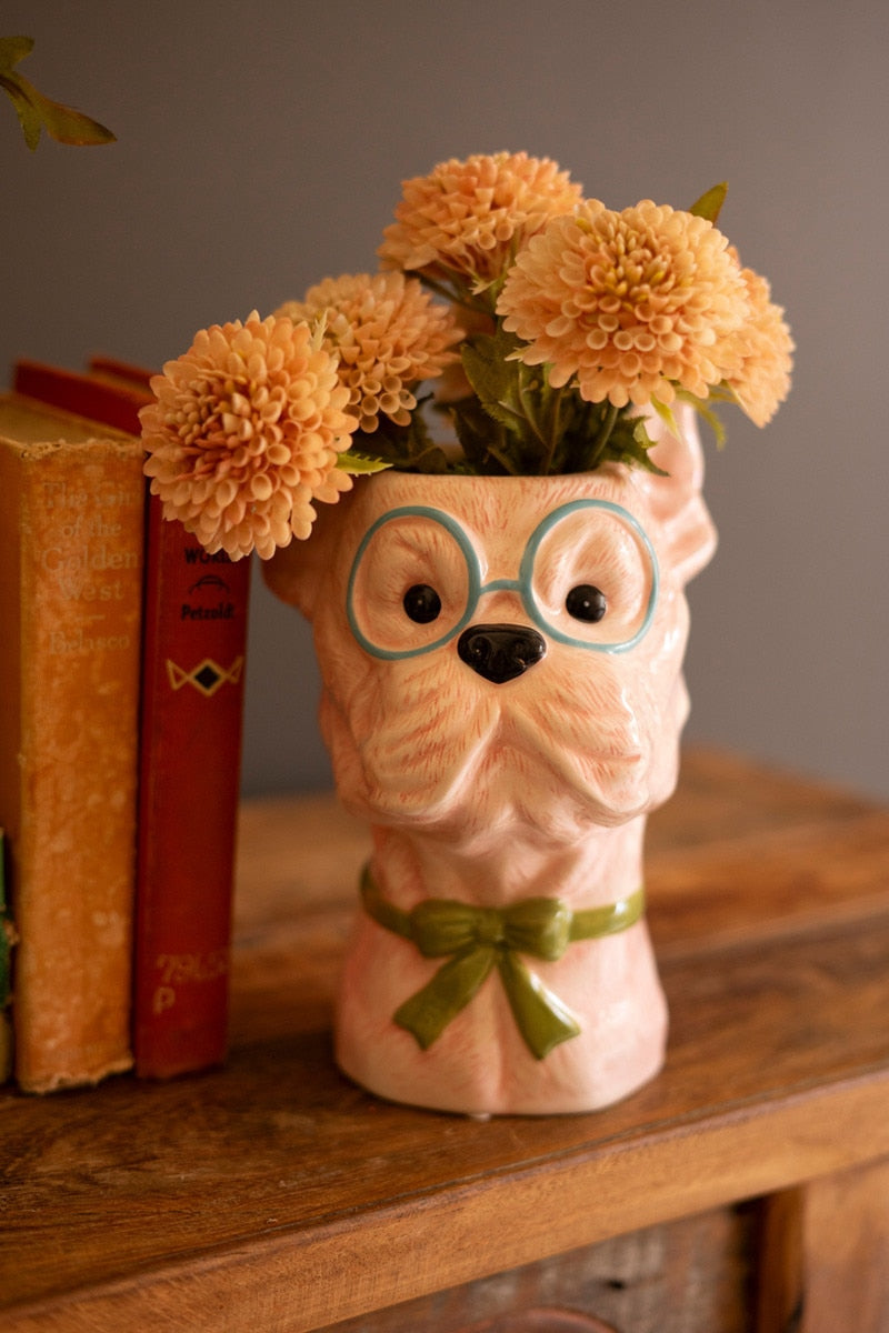 Dog With Bow Ceramic Vase - Green Bow