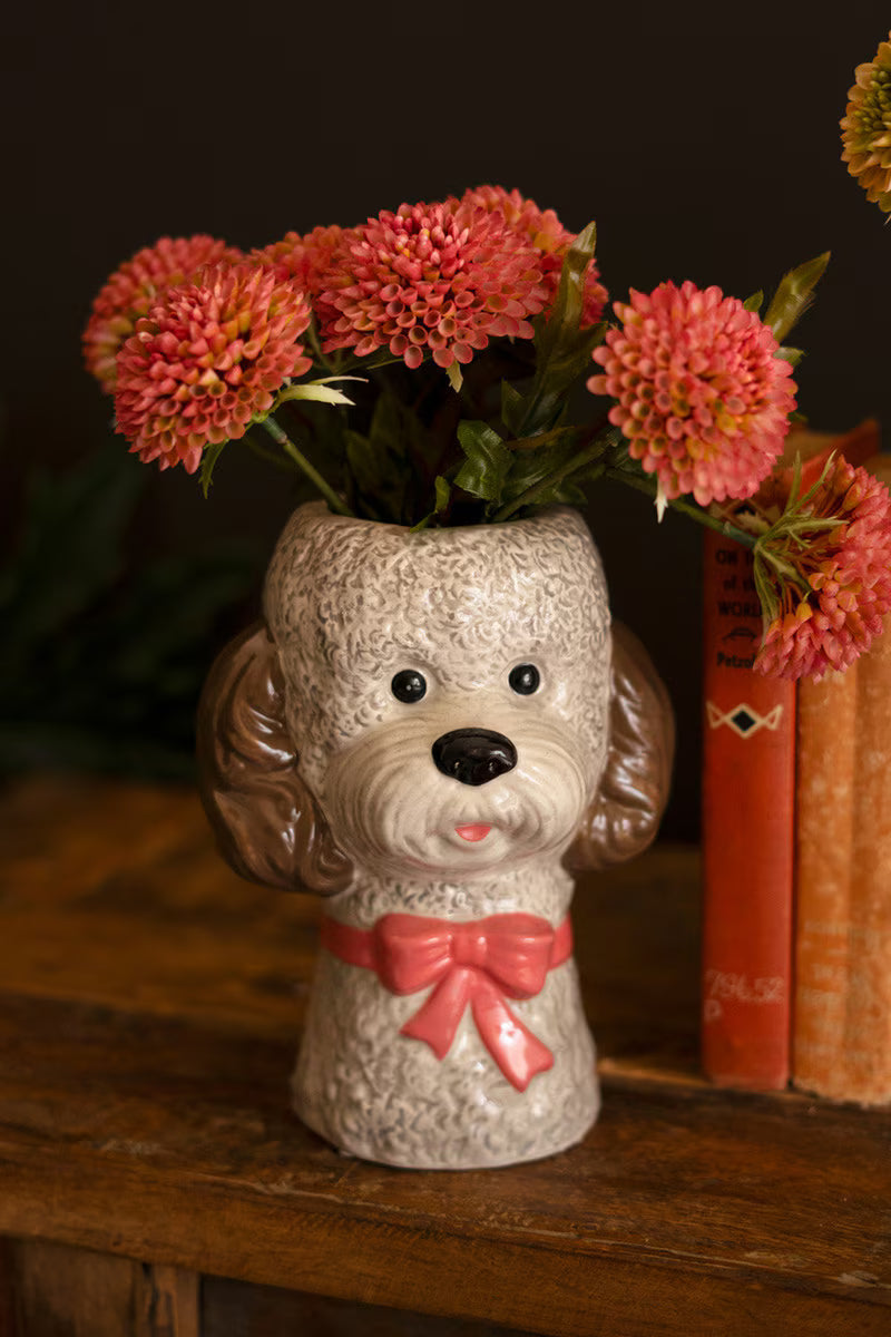 Dog With Bow Ceramic Vase - Pink Bow