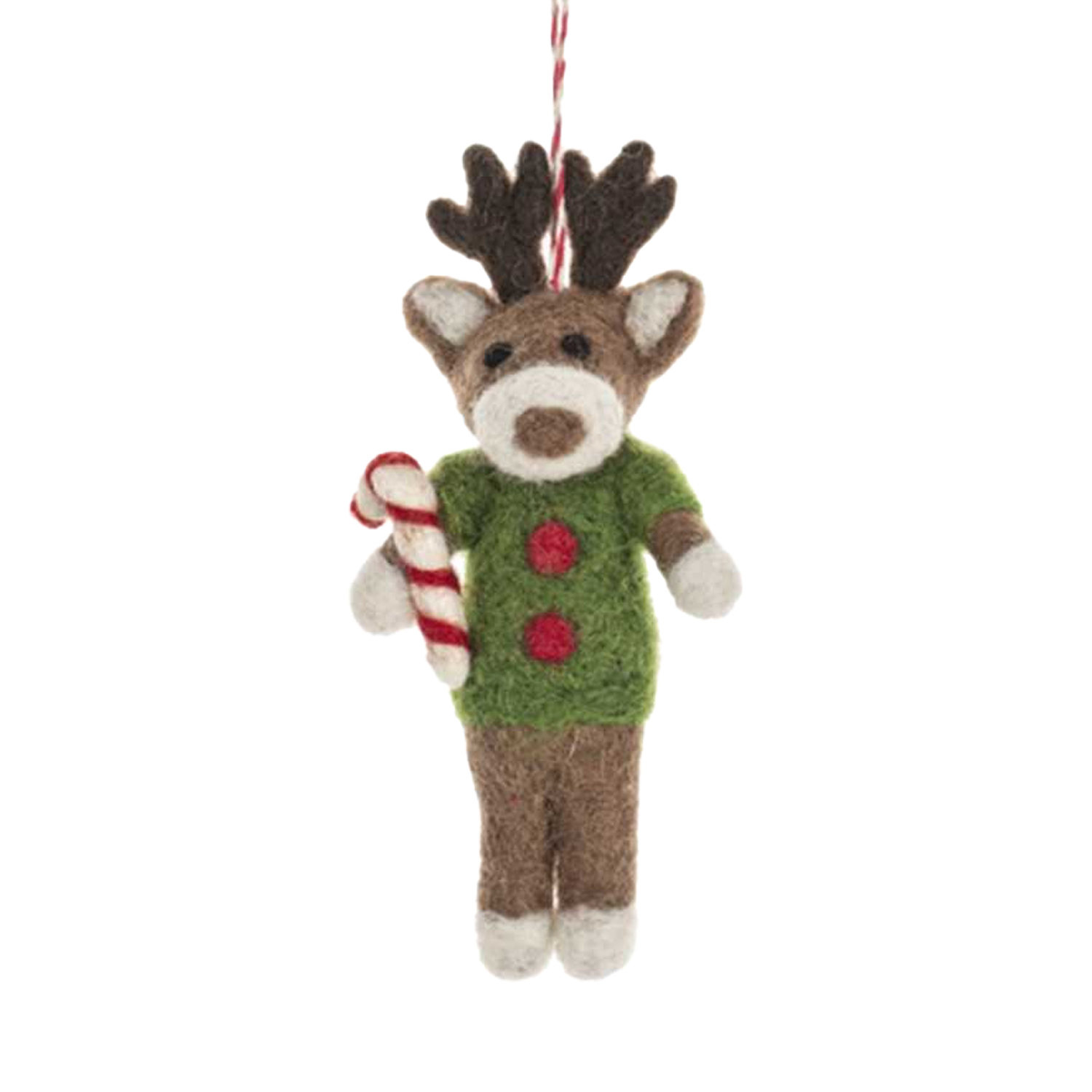 Wool Happy Reindeer Ornament - Candy Cane